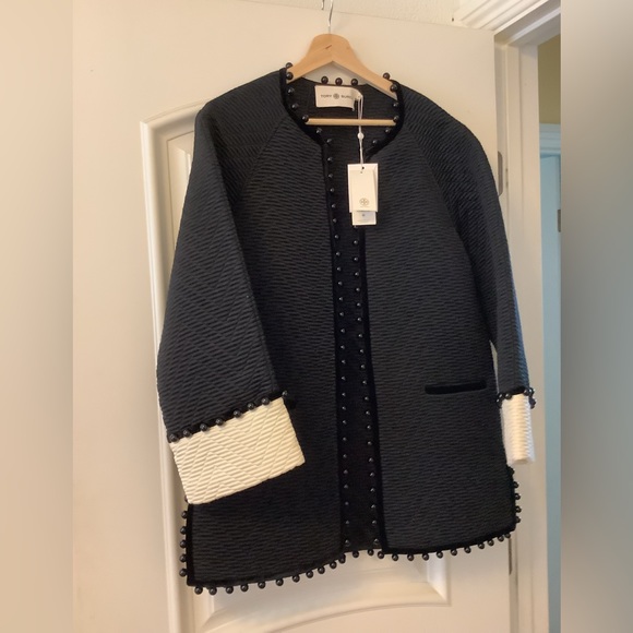 NWT $1498 Tory Burch Chevron Quilted Jacquard Beaded Coat size 0 XXS Lagenlook - Picture 6 of 9